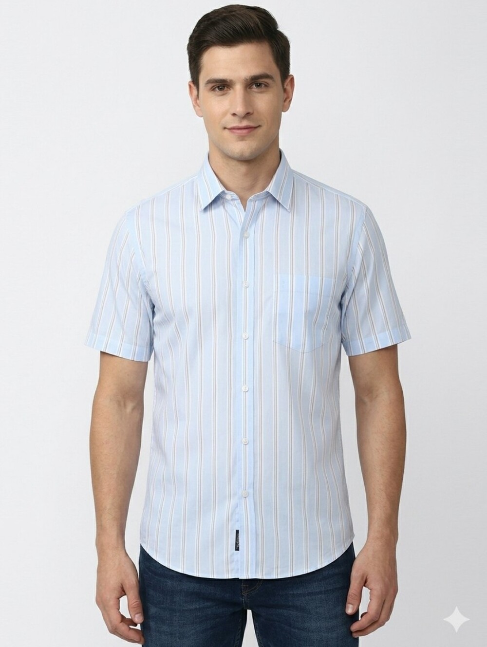Editions by Van Heusen Shirt Fitted Light Blue Striped Half Sleeve Size 16